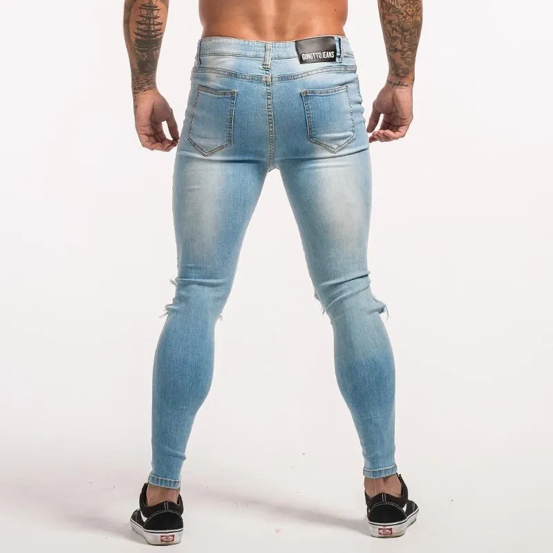 3715 Light Blue Repaired Knee Out Skinny Jeans