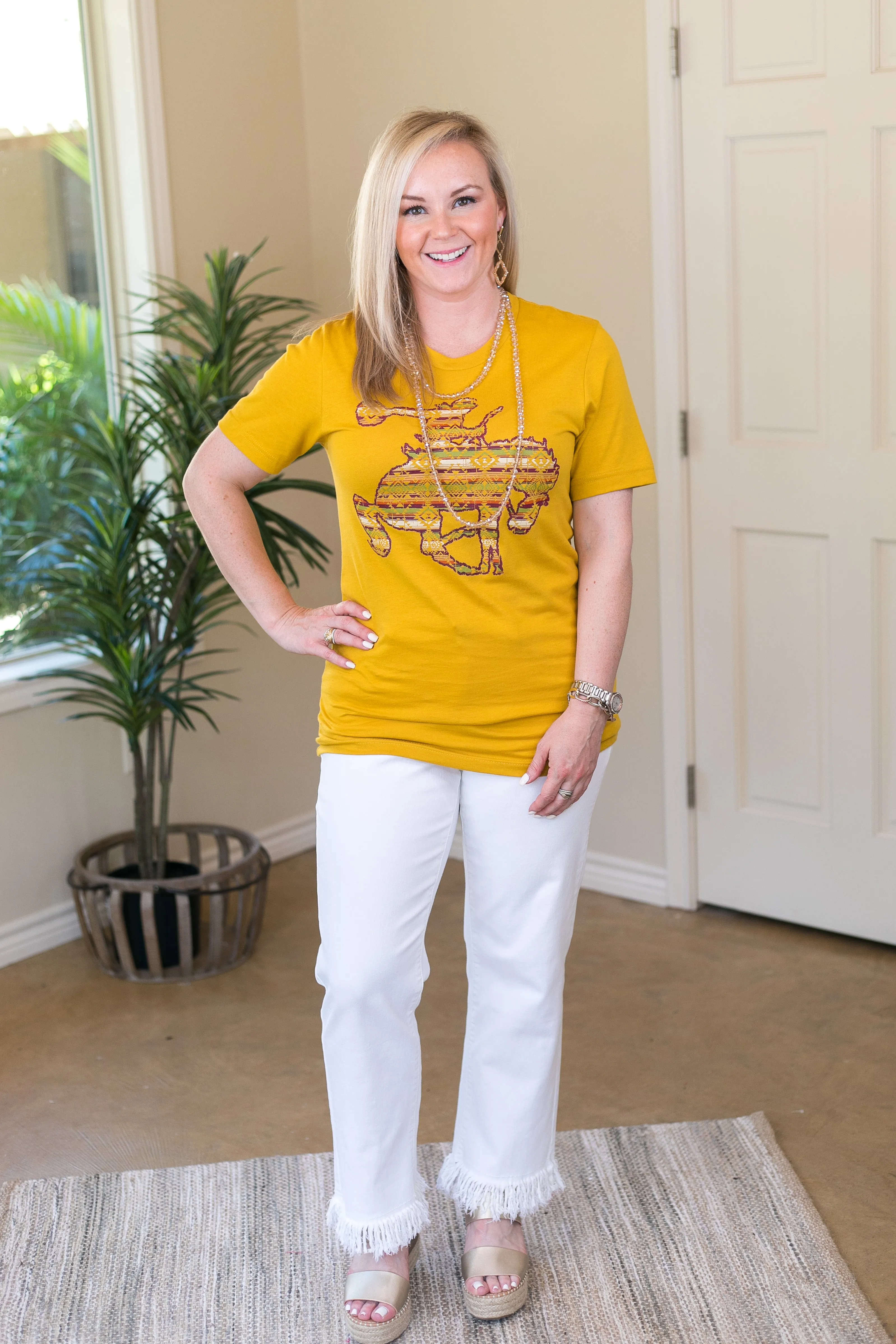 Ain't My First Rodeo Aztec Print Saddle Bronc Short Sleeve Tee Shirt in Mustard Yellow