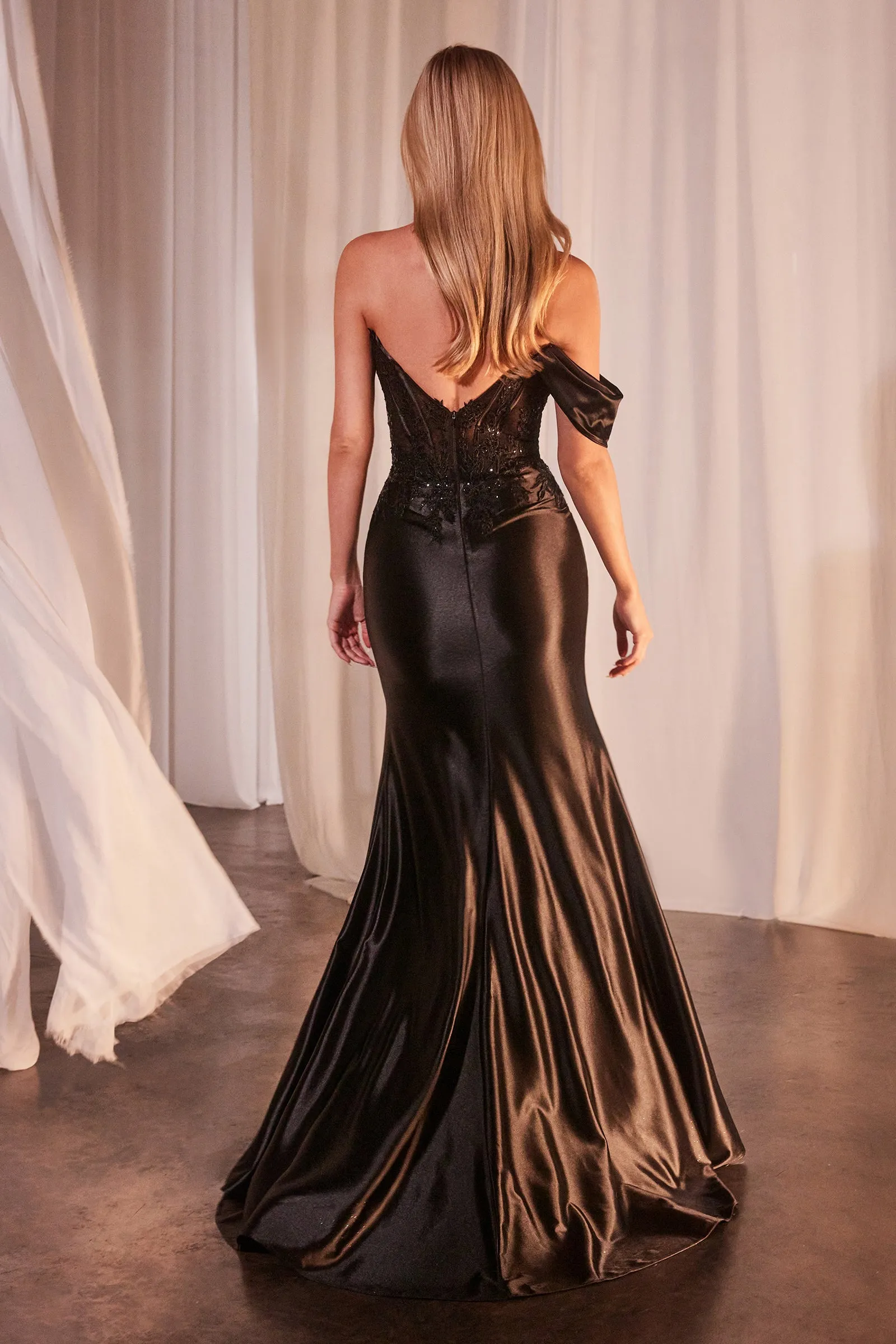 Applique One Off Shoulder Satin Slit Gown by Ladivine CD804