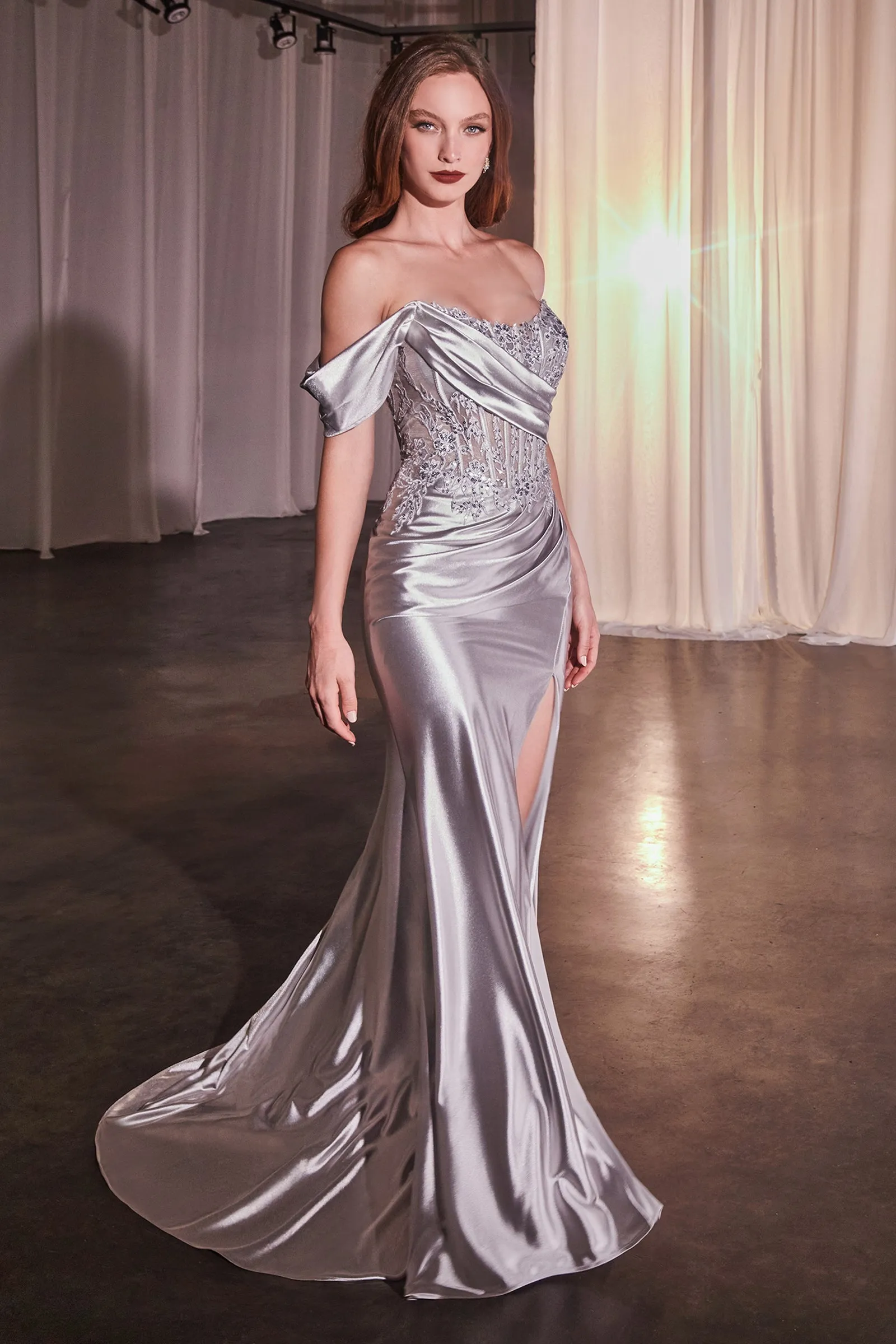 Applique One Off Shoulder Satin Slit Gown by Ladivine CD804