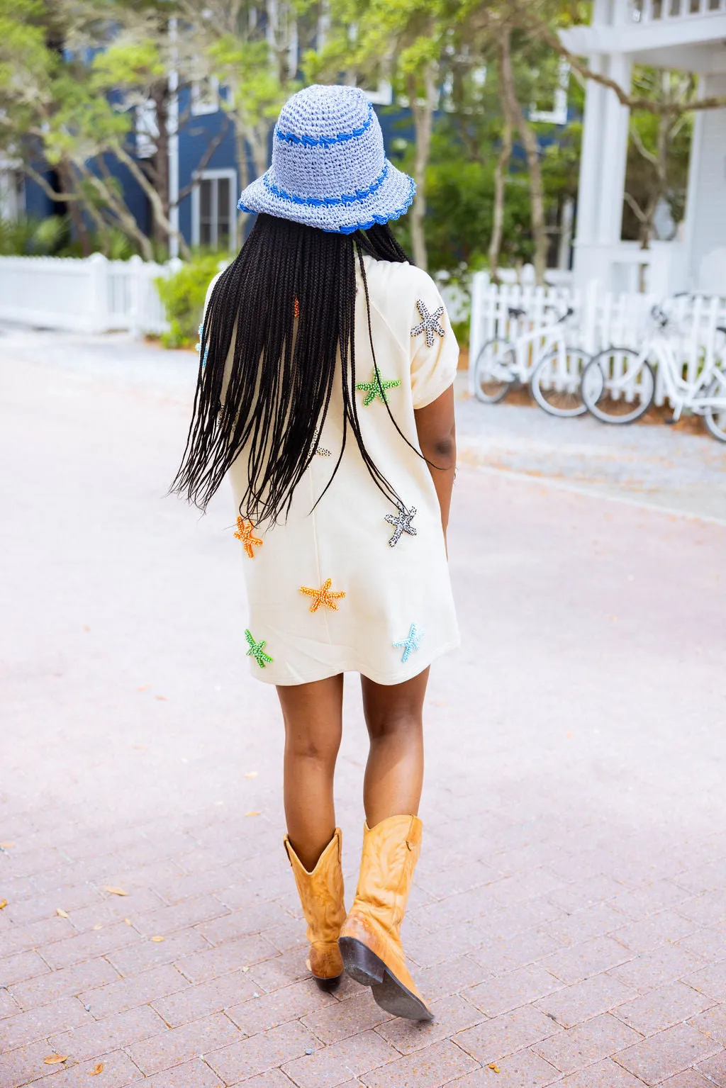 Beige Beaded Starfish Short Sleeve Dress