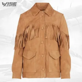 Beige Fringed Suede Leather Jacket With Classic Collar