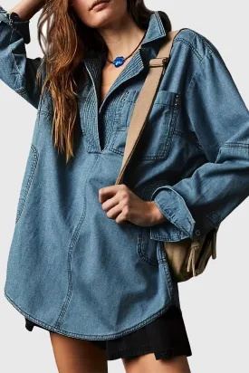 Casual Stree Distressed Pocket Turndown Collar Long Sleeve Loose Denim Jacket(4 Colors)