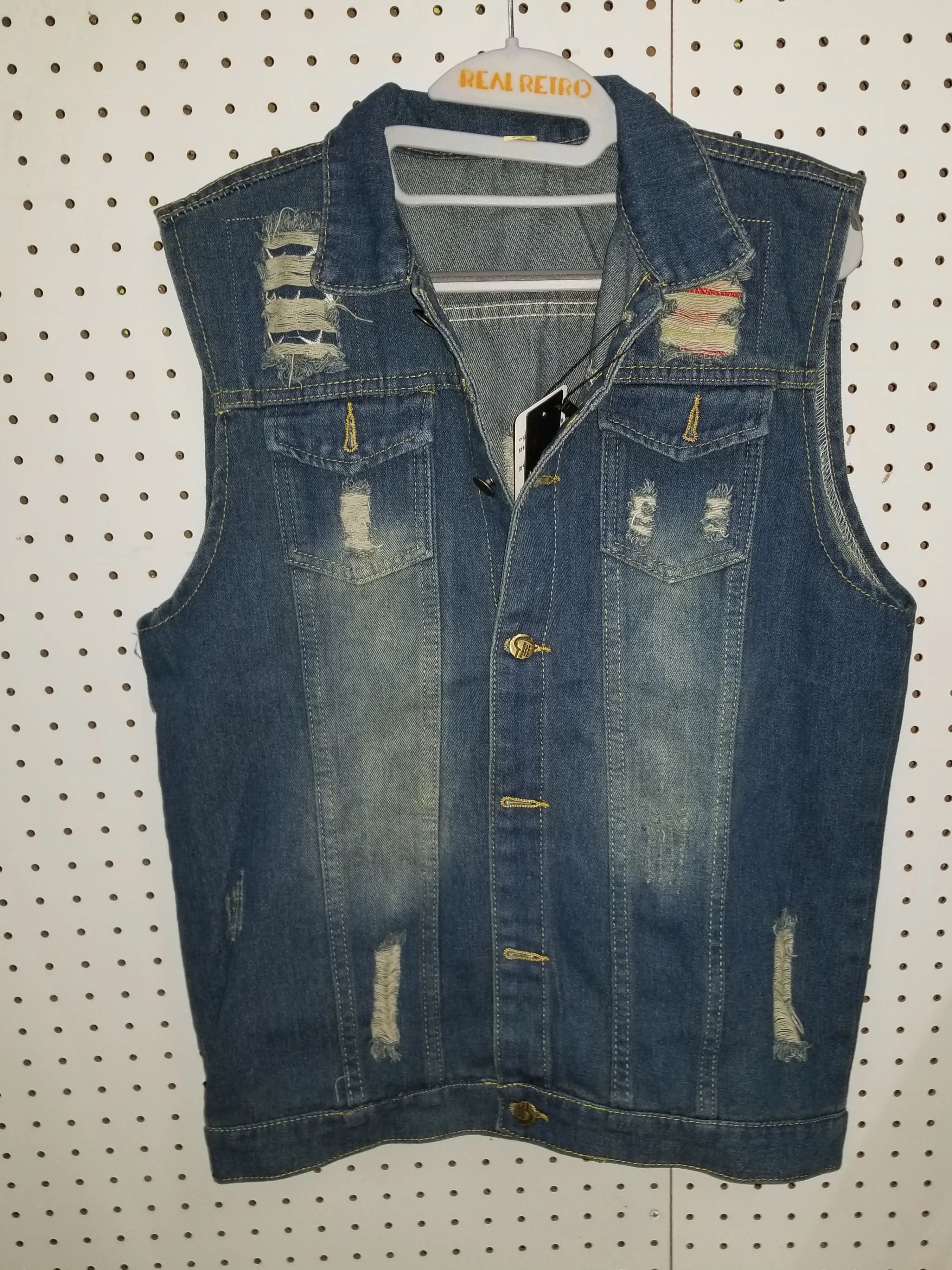 Distressed Sleeveless Blue Jean Jacket