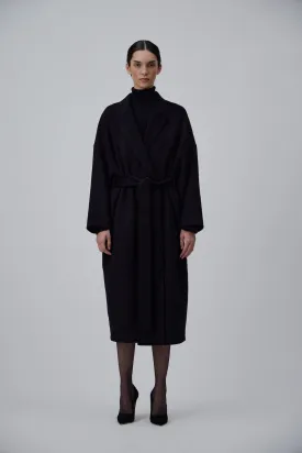 DOUBLE FACE WRAP CASHMERE COAT IN GLOSSY BLACK