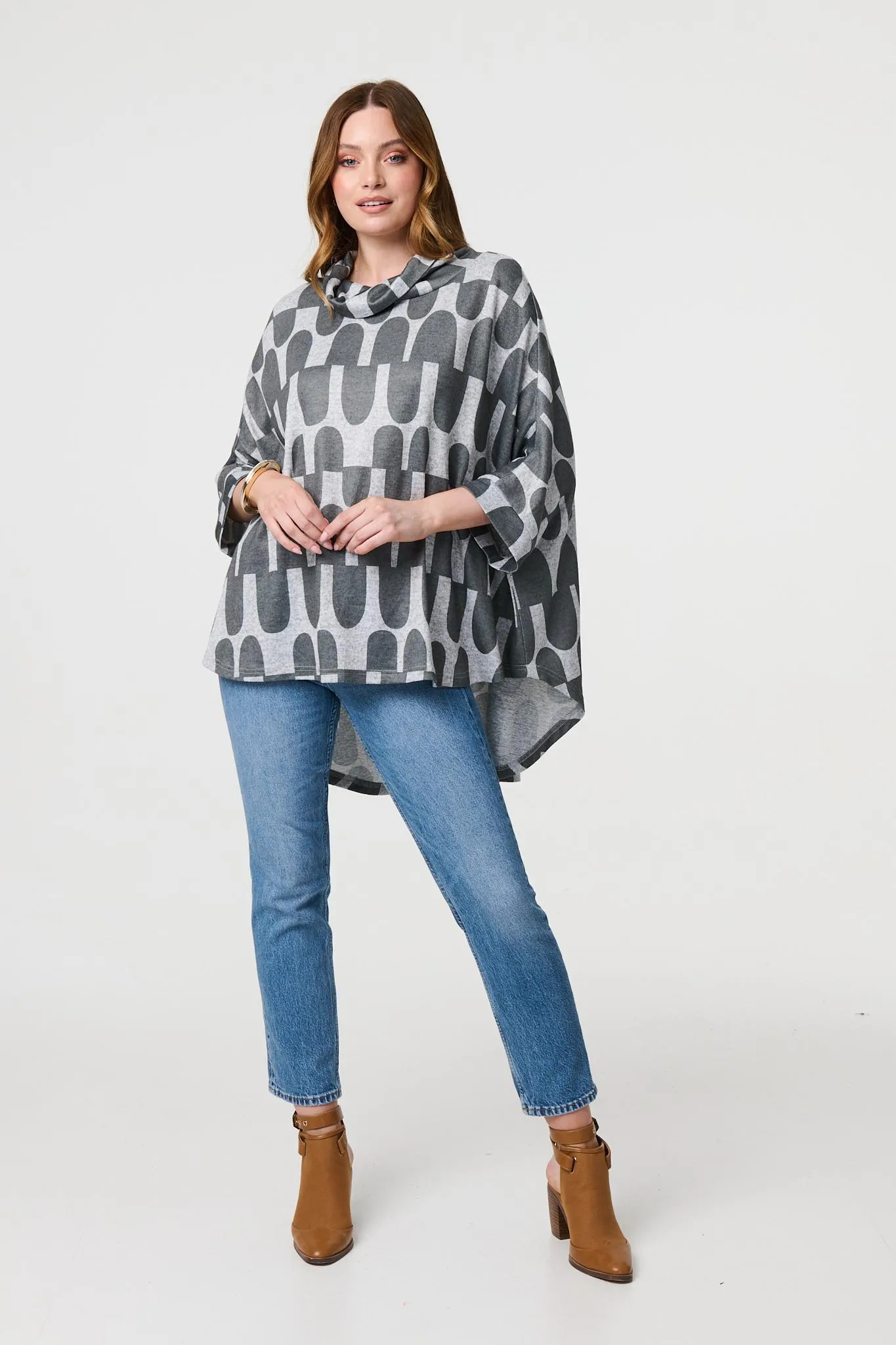 Geo Print Roll Neck Oversized Top