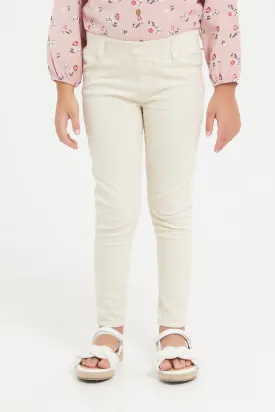 Girls Beige Woven Corduroy Jeggings