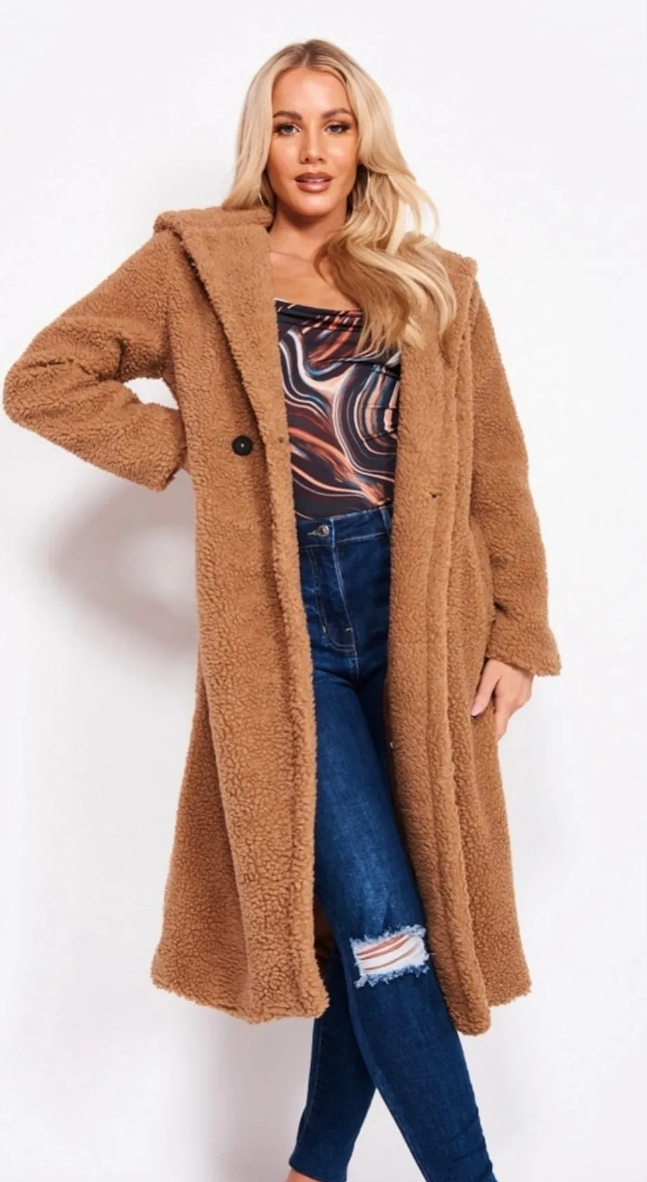 Mocha  Hooded  LongLine Bear Coat