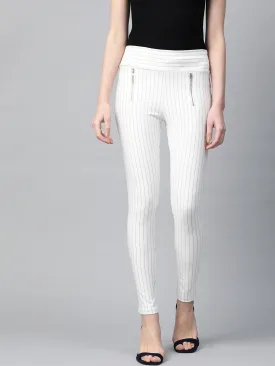 White Side Zipper Striped Jeggings